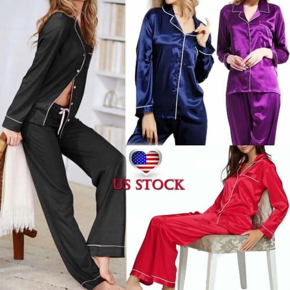 Womens Satin Silk Pajama Sets Long Sleeve Sleepwear Homewear Night Wear Set