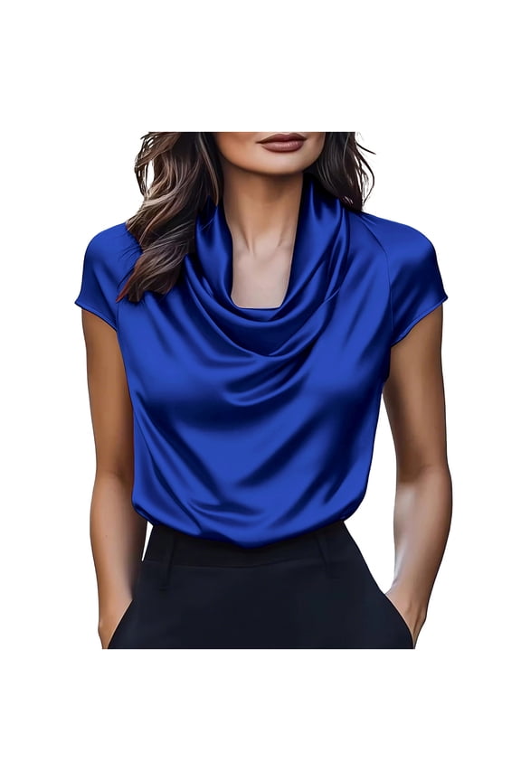 Womens Satin Silk Shirts Short Sleeve Casual Fashion Cowl Neck T Shirt Summer Elegant Lightweight Loose Work Blouse Top