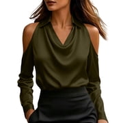 Womens Satin Silk Tops Relaxed Fit Cold Shoulder Cowl Neck Long Sleeve Blouse Fashion Office Layering Shirts Green S