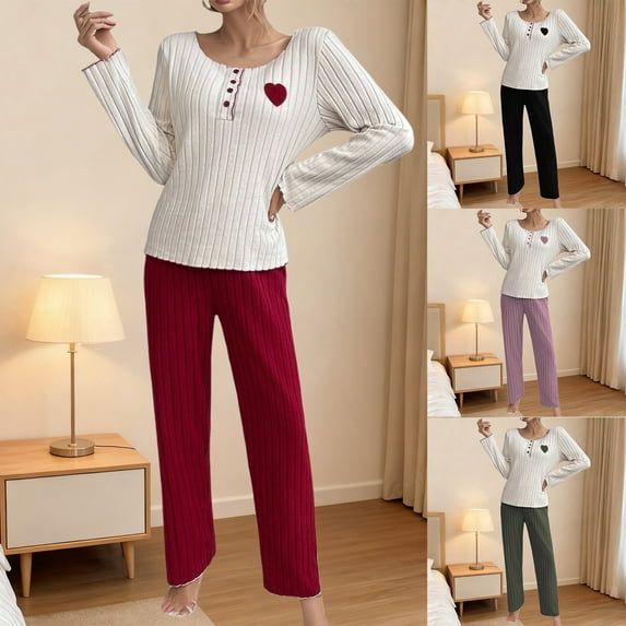 Womens Satin Silky Pajama Set Hearts Long Sleeve Shirt With Long Pajama Pant Set Soft Pj Loungewear Womens Pjs Sets Red L