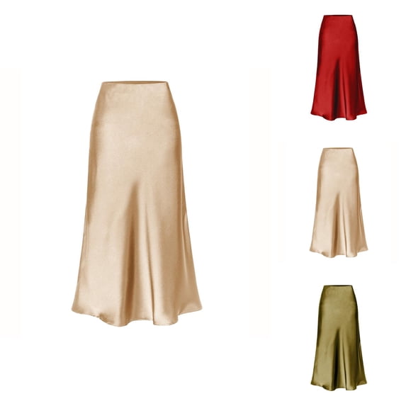 Womens Satin Skirt Elastic High Waist Midi Skirt Elegant Dressy Casual Party Wedding Skirts