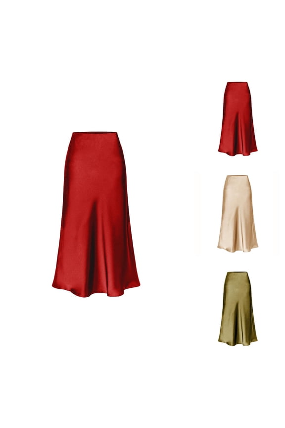 Womens Satin Skirt Elastic High Waist Midi Skirt Elegant Dressy Casual Party Wedding Skirts