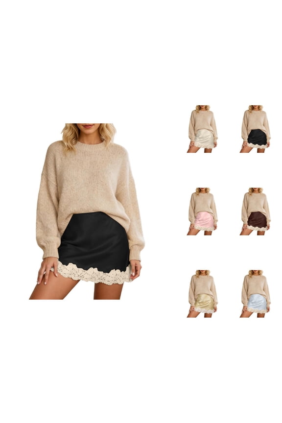 Womens Satin Skirts Y2k Lace Hem Mini Skirt Elegant Bodycon Pencil Skirt Short Underskirt Streetwear