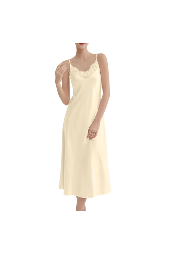 Womens Satin Sleep Dress Sexy Long Nightgown Lace Trim Round Neck Silk Lingerie Slip Dress Sleeveless Sexy Spaghetti Strap Nightdress Lightweight Full Length Sleepwear Elegant Robes Yellow XXL