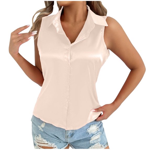 Womens Satin Sleeveless Button Shirts, Solid Color Casual V Neck Classic Tank Tops, Turndown Collar Blouse for Work Office Women's Tank Tops Beige S