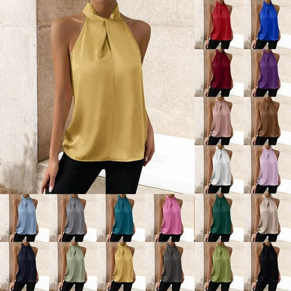 Womens Satin Sleeveless Top Neckholder Design Lightweight Comfortable Summer Party Wear