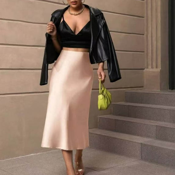Womens Satin Slim Skirt Solid Color Mid Length Fishtail Skirt Long Pencil Skirts for Women Bathing Suit Cover up Skirt Swing Skirt Long Skirts for Women High Waist Pencil Skirts for Women Asymmetrical