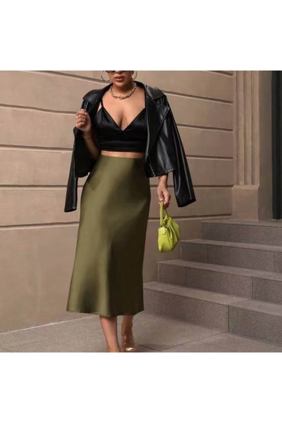 Womens Satin Slim Skirt Solid Color Mid Length Fishtail Skirt Long Pencil Skirts for Women Bathing Suit Cover up Skirt Swing Skirt Long Skirts for Women High Waist Pencil Skirts for Women Asymmetrical