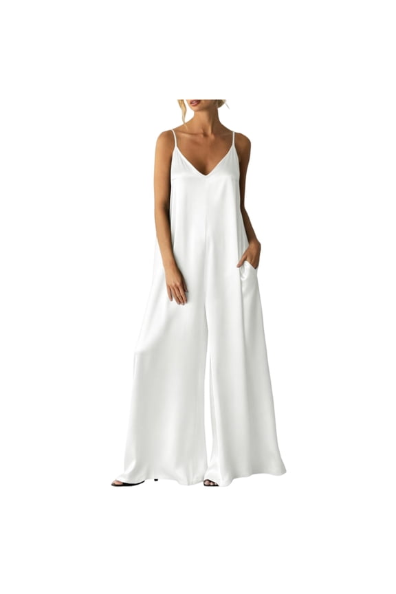 Womens Satin Spaghetti Strap Jumpsuits Dressy Casual Wide Leg Flowy Rompers Sexy Date Night One Piece Overalls M