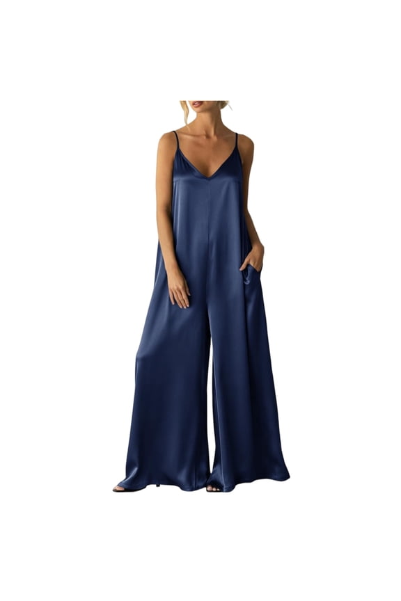 Womens Satin Spaghetti Strap Jumpsuits Dressy Casual Wide Leg Flowy Rompers Sexy Date Night One Piece Overalls M