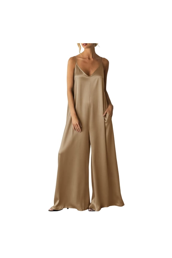 Womens Satin Spaghetti Strap Jumpsuits Dressy Casual Wide Leg Flowy Rompers Sexy Date Night One Piece Overalls M
