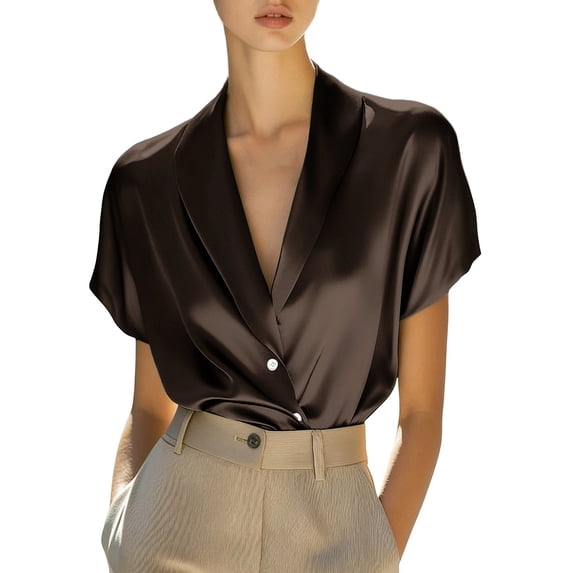 Womens Satin Summer Tops, Short Sleeve Shirts for Women Business Casual Loose Fit Lapel Button Down Dressy Blouses Blazer
