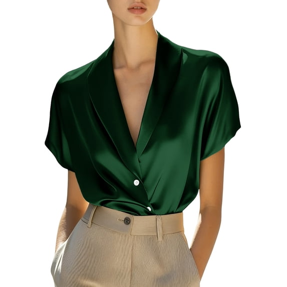 Womens Satin Summer Tops, Short Sleeve Shirts for Women Business Casual Loose Fit Lapel Button Down Dressy Blouses Blazer