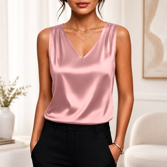 Womens Satin Tank Top Pleated Sleeveless Blouse Dressy Casual Crewneck Silk Shirts Business Summer Trendy Clothes L