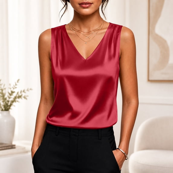 Womens Satin Tank Top Pleated Sleeveless Blouse Dressy Casual Crewneck Silk Shirts Business Summer Trendy Clothes L