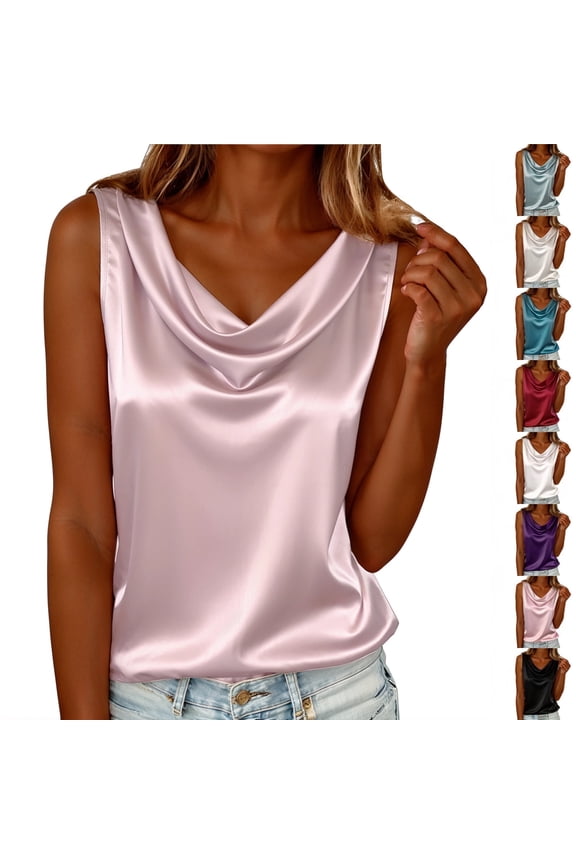 Womens Satin Tank Tops Cowl Neck Camisole Tops Dressy Casual Blouses Sleeveless Shirts for vacation, #01 Pink XXL