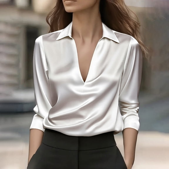 Womens Satin Tops Work Blouses for Women Long Sleeve Tops Formal Shirts Long Sleeve Satin Silk Shirt Elegant Blouses Fall Clothes Work Office Top Women Satin Blouse Casual Shirt White S-2XL