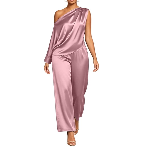 Womens Satin Two Piece Set Asymmetrical One Shoulder Top High Waist Wide Leg Pants Elegant Party Outfit Pink L(L)