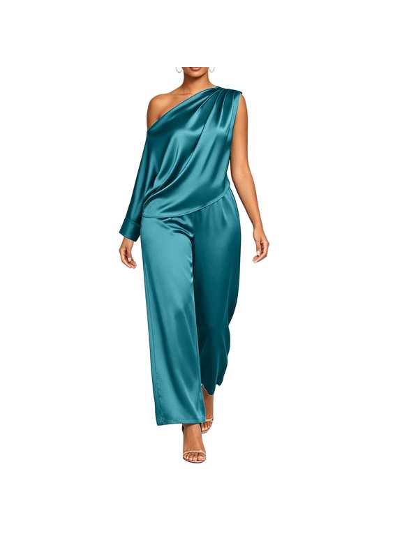 Womens Satin Two Piece Set Asymmetrical One Shoulder Top High Waist Wide Leg Pants Elegant Party Outfit Sky Blue S(S)