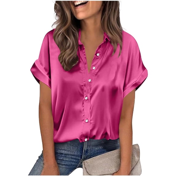Womens Satin V Neck Blouse Short Sleeve Silk Tops Button down Shirts Trendy Business Casual Outfits