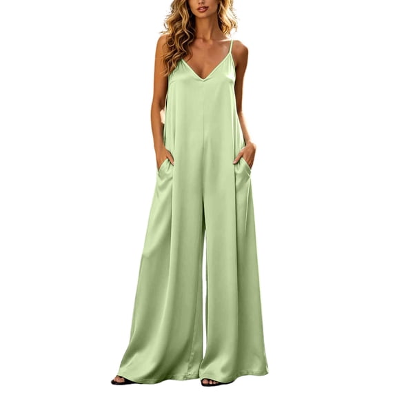 Womens Satin Wide Leg Jumpsuits Dressy Casual Flowy Spaghetti Strap Date Night Rompers One Piece Outfits Green L(L)