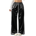 thumbnail image 1 of Womens Satin Wide Leg Sweatpants Trendy Drawstring High Waisted Side Stripe Loose Comfy Pants Black M, 1 of 7