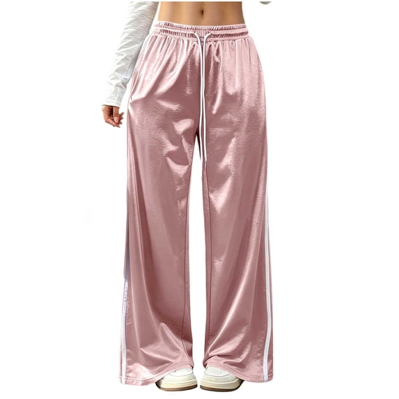 Womens Satin Wide Leg Sweatpants Trendy Drawstring High Waisted Side Stripe Loose Comfy Pants Pink M