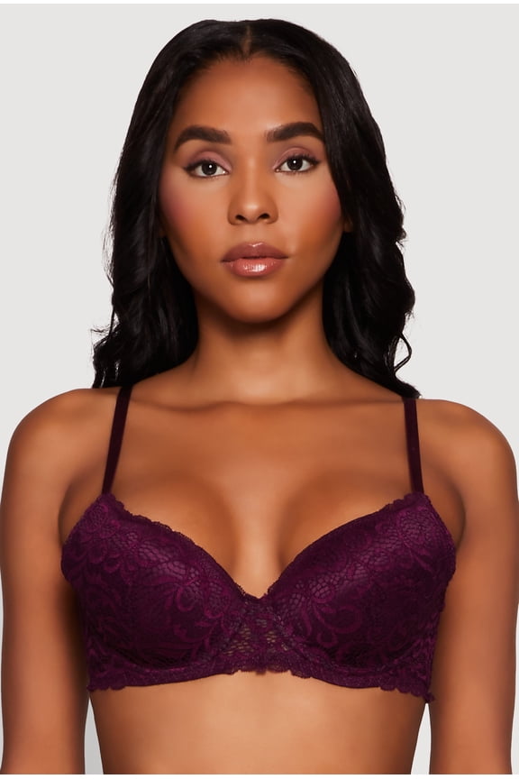 Womens Scalloped Lace Plunge Push Up Bra