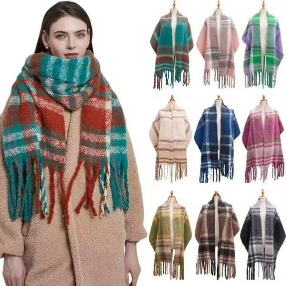Womens Scarf Winter Big Colorful Checked Thick Warm Soft Scarves Casual Tassel Blanket Scarf