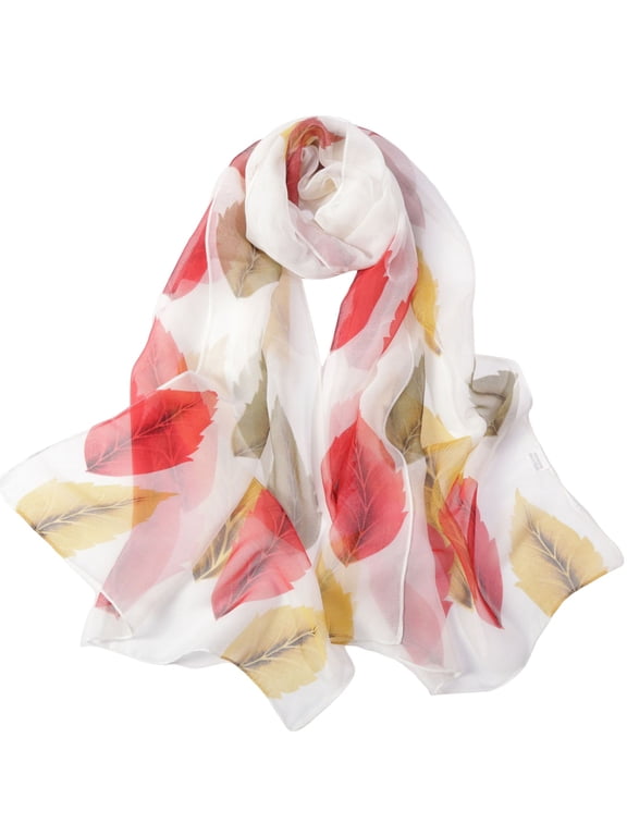 Womens Scarfs BWASD Leaf Print Long Beach Shawl Neckerchief Chiffon Casual Lightweight Soft Summer Sunscreen Scarf for Vacation and Travel White