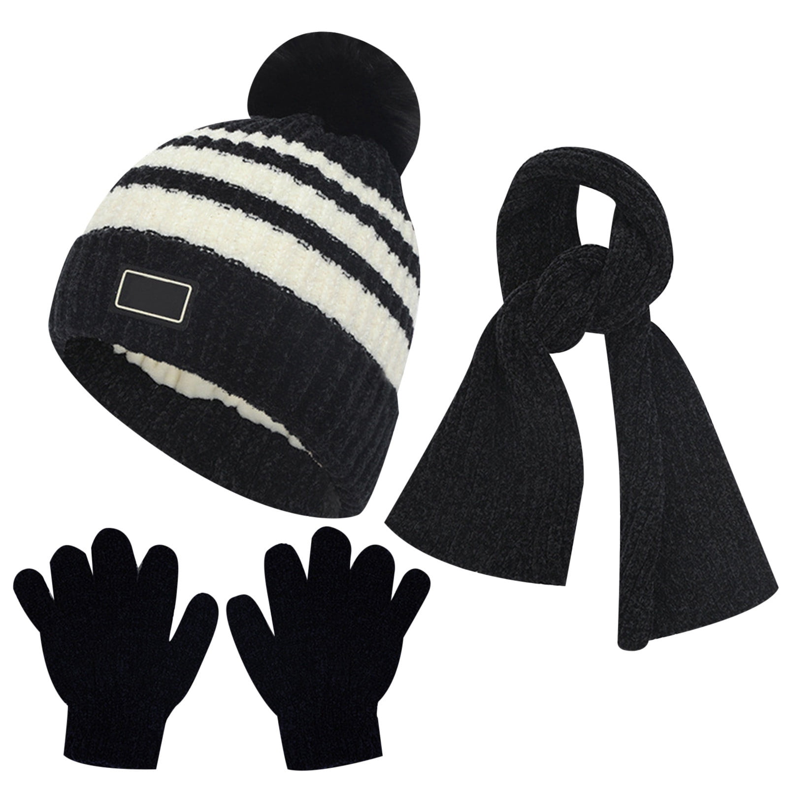 Black and White Fleece Winter Beanie, Scarf, and Gloves Set