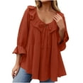 thumbnail image 1 of Womens Scoop Neck 3/4 Length Sleeve Tops Casual Tie Front Ruffle Tiered Loose Pullover Shirts Blouses Spring Outfits, 1 of 6