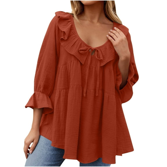 Womens Scoop Neck 3/4 Length Sleeve Tops Casual Tie Front Ruffle Tiered Loose Pullover Shirts Blouses Spring Outfits