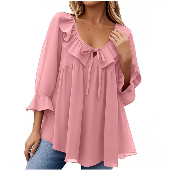 Womens Scoop Neck 3/4 Length Sleeve Tops Casual Tie Front Ruffle Tiered Loose Tunic Shirts Chiffon Summer Blouses