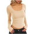 thumbnail image 1 of Womens Scoop Neck Crop Tops Slim Fit Long Sleeve Ribbed Knit T-Shirts Solid Y2k Casual Going Out Fall Clothes (M, Beige), 1 of 7