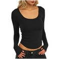 thumbnail image 1 of Womens Scoop Neck Crop Tops Slim Fit Long Sleeve Ribbed Knit T-Shirts Solid Y2k Casual Going Out Fall Clothes (M, Black), 1 of 6