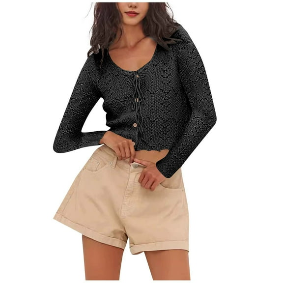 Womens Scoop Neck Cropped Knit Cardigan Open Front Button Down Hollow Out Sweater Eyelet Knit Long Sleeve Knitted Top Black L