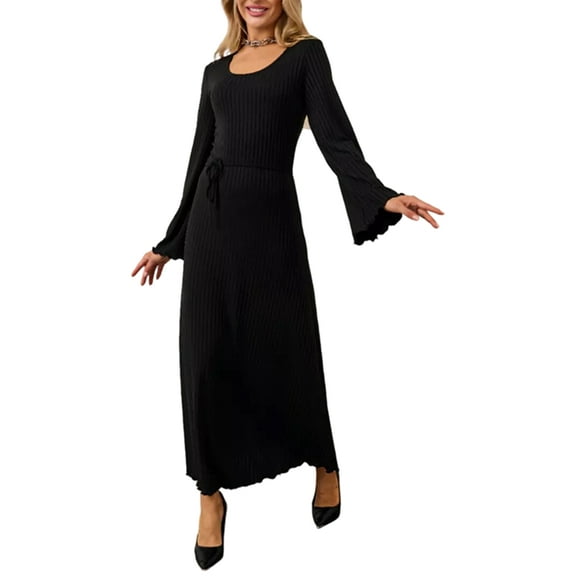 Womens Scoop Neck Lace Up Maxi Dress Knit Flare Sleeve Bodycon Dress Loose Casual Long Dresses Black L