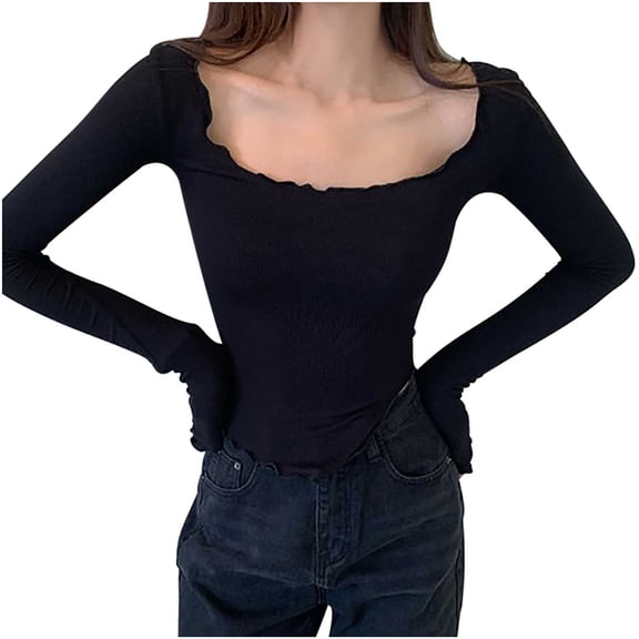 Womens Scoop Neck Long Sleeve T-Shirts Solid Color Casual Basic Tops Summer Blouses Slim Fit Side Slit Tunic Tops