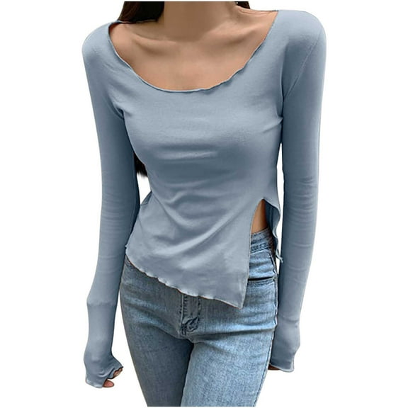 Womens Scoop Neck Long Sleeve T-Shirts Solid Color Casual Basic Tops Summer Blouses Slim Fit Side Slit Tunic Tops