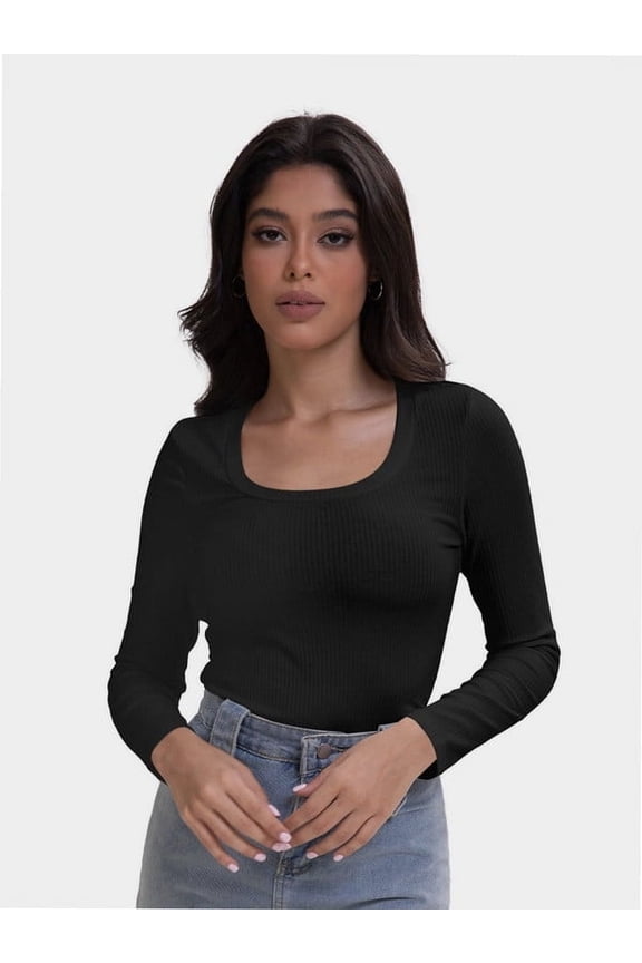 Womens Scoop Neck Long Sleeve Tops Low Cut Slim Fitted Shirts Casual Tee Tshirt