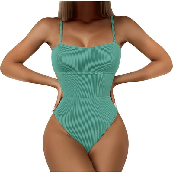 Womens Scoop Neck One Piece Swimsuit High Leg Ribbed Bathing Suits Hollow Side One-Piece Swimwear Sexy Monokini