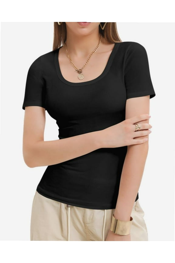 Womens Scoop Neck Ribbed Knit T-Shirts Slim Fitted Short Sleeve Top Summer Basic Shirt