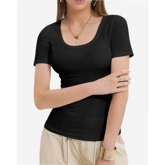 Womens Scoop Neck Ribbed Knit T-Shirts Slim Fitted Short Sleeve Top Summer Basic Shirt