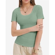 Womens Scoop Neck Ribbed Knit T-Shirts Slim Fitted Short Sleeve Top Summer Basic Shirt