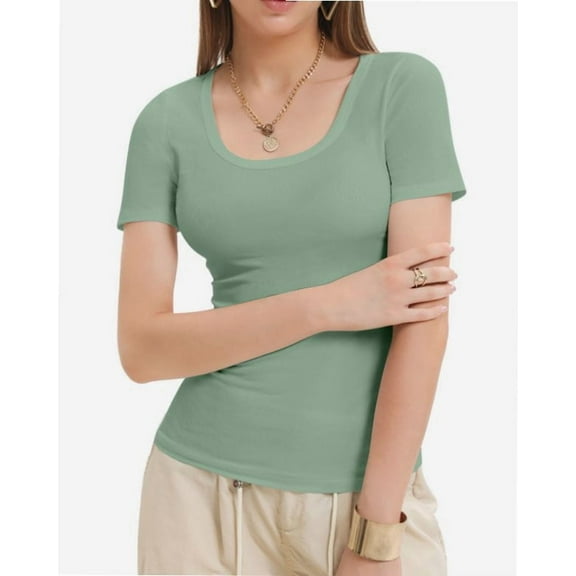Womens Scoop Neck Ribbed Knit T-Shirts Slim Fitted Short Sleeve Top Summer Basic Shirt