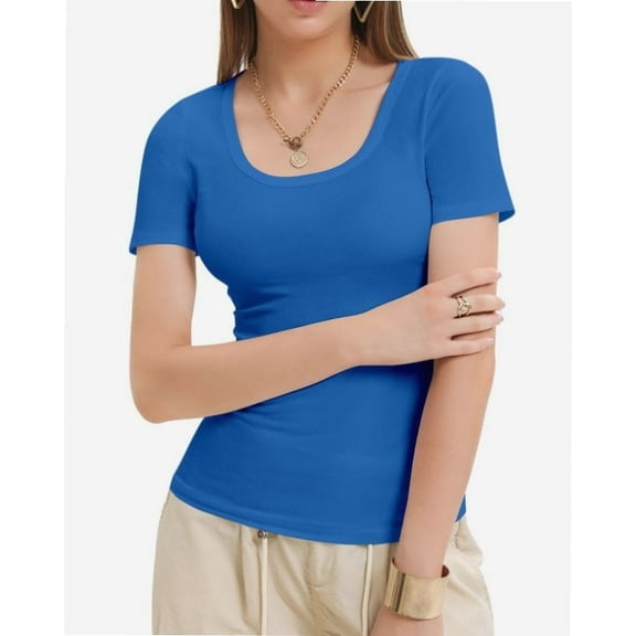 Womens Scoop Neck Ribbed Knit T-Shirts Slim Fitted Short Sleeve Top Summer Basic Shirt