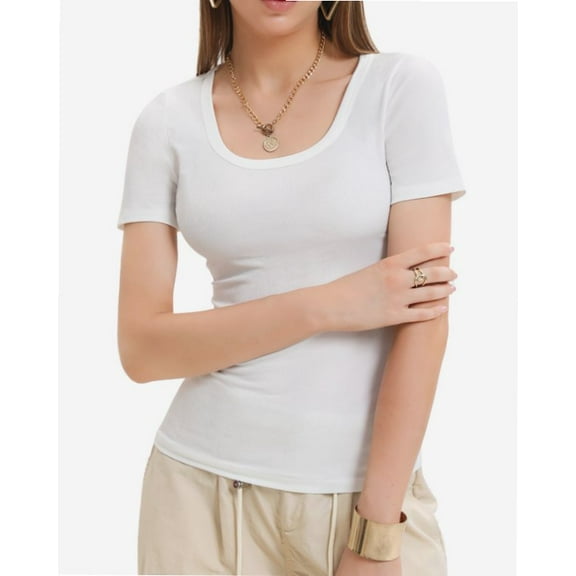 Womens Scoop Neck Ribbed Knit T-Shirts Slim Fitted Short Sleeve Top Summer Basic Shirt