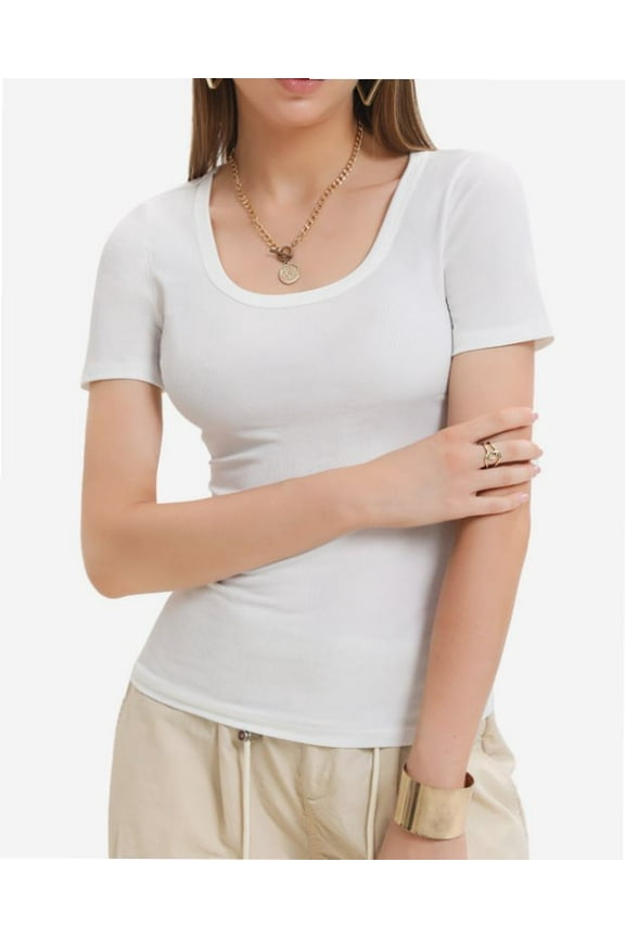Womens Scoop Neck Ribbed Knit T-Shirts Slim Fitted Short Sleeve Top Summer Basic Shirt