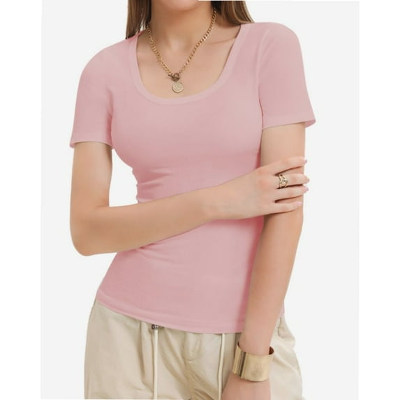 Womens Scoop Neck Ribbed Knit T-Shirts Slim Fitted Short Sleeve Top Summer Basic Shirt